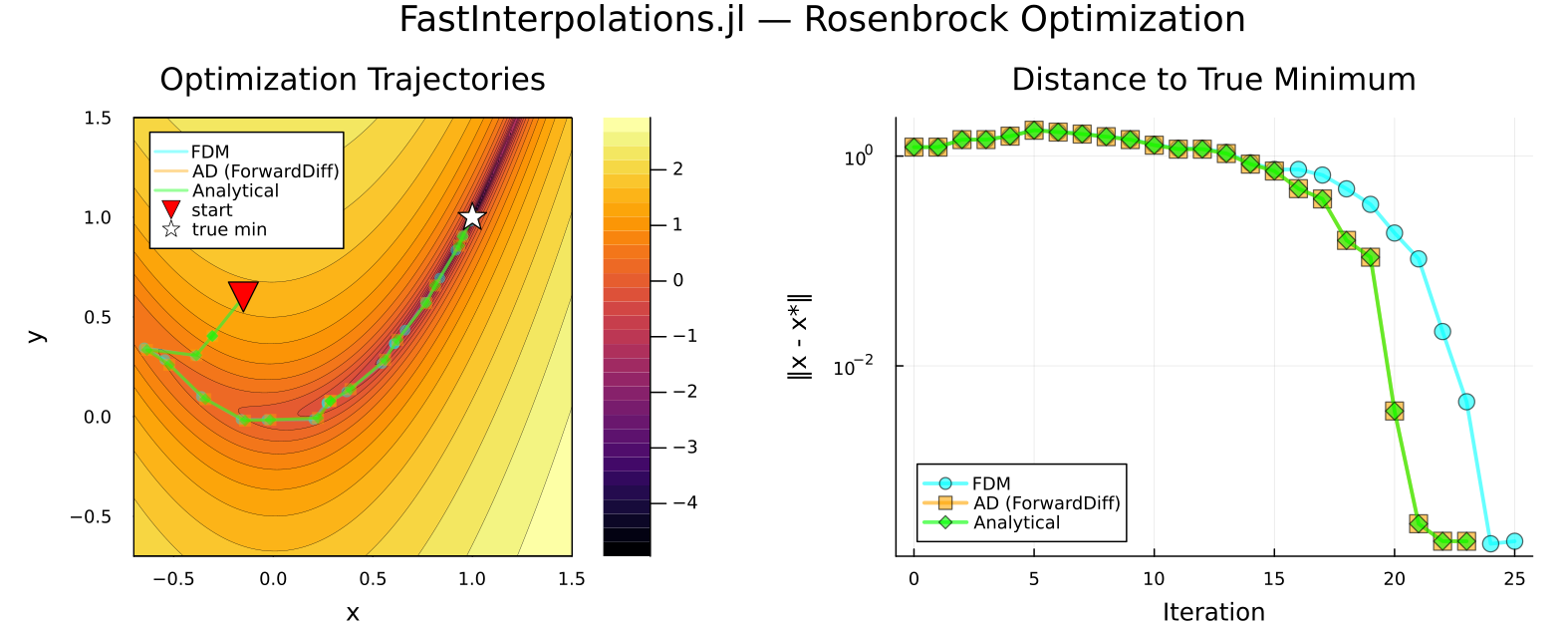 FDM vs Analytical Newton on Rosenbrock